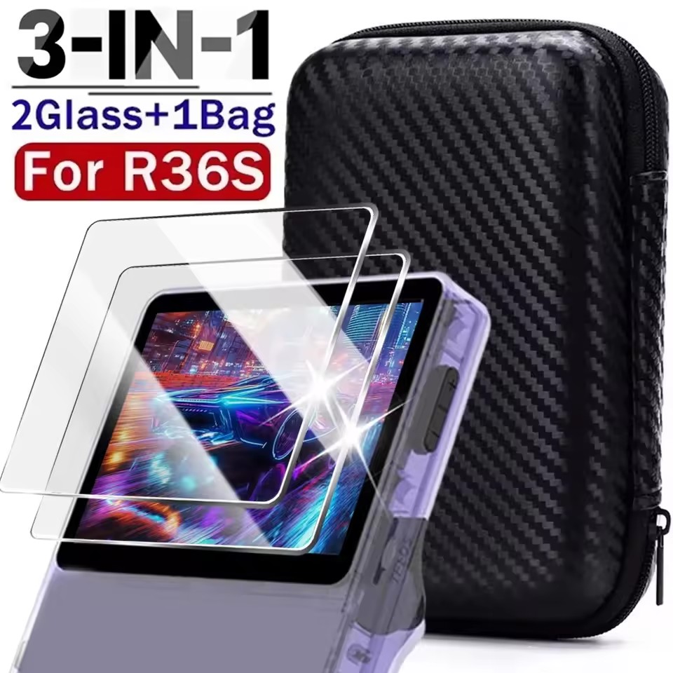 Gaming Console R36S - 3-in-1 Tragetasche mit Displayschutzfolien aus gehärtetem