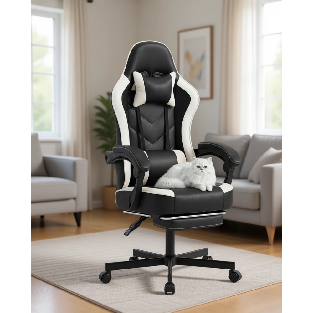Gaming Chair Cushion - Ergonomischer Gaming-Stuhl mit Hoher Rückenlehne, Fußstütze,